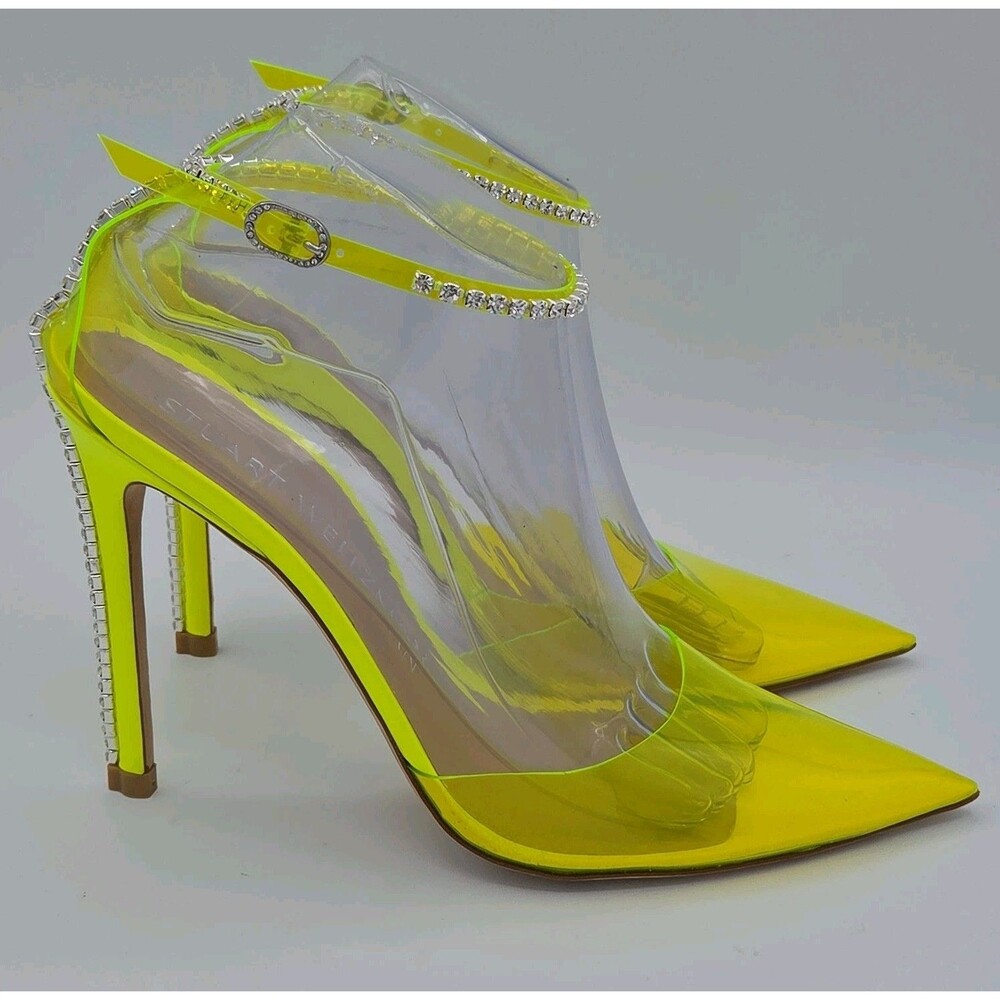 Stuart Weitzman Glam 100 Neon Yellow PVC Crystal Strap Pump Heel Size 10 EU 40.5 - Picture 5 of 8
